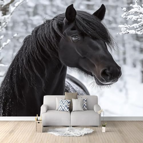 Wallpaper Papier Peint Panoramique Majestueux cheval noir sur neige Peints Intissé Tapisserie Noir Et Blanc Murales Poster 350 x 256 cm cm