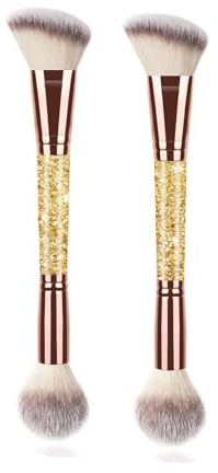 UAIAGM 2Pcs Dual-ended Makeup Brushes for Contouring, Blending and Bronzing Angled Foundation Brush&Concealer Brush Premium Luxe Hair for Flawless Application of Liquid Cream and Powder Makeup Gold