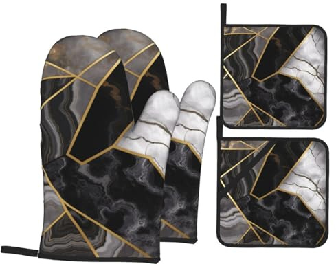 Black Marble Texture Gold Oven Mitts And Pot Holders 4 Pcs Set - Anti-Skid Oven Gloves, Insulated Microwave Oven Mitts And Cooking Mitts For Kitchen Baking Bbq Grilling
