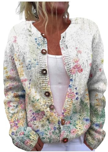 Cardigan da donna singolo in peluche con stampa floreale confortevole lavorato a maglia cardigan spolverino maglione cardigan, Oro rosa, S