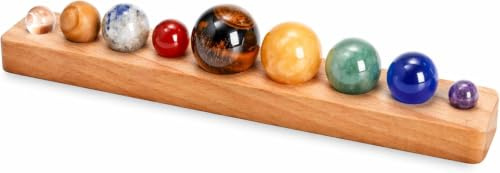 ZENFUN Nine Planets in Solar System with Wooden Stand, Natural Gemstones Sphere Solar System Model Kit for Men & Women, Space Themed Bedroom Decor, Best Birthday Science Astronomy Gifts