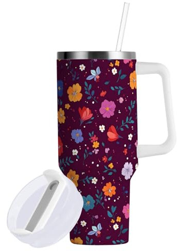 linqin Vaso aislado al vacío de flores coloridas borgoña con tapa con pajilla, botella de agua de 887 ml, taza de campamento de boca ancha para senderismo, deportes, campamento