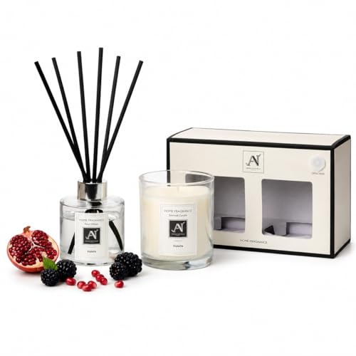 Aroma Naturals Scented Gift Box Candle and Reed Diffuser, Glass Jar Minimalist Luxe 206G, Metal Lid with Ribbon, 100ML Glass Diffuser Vessel with Metal Collar (Violette)