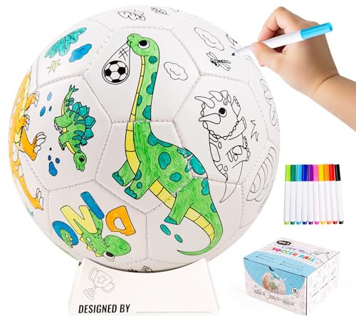 U&C Planet Größe 3 Fussball zum Anmalen Dinosaurier Fußball Kinder 3-8 Jahr | Fussball Mädchen, Fußball Anmalen enthält 10 Abwaschbare Marker, Ballständer und Pumpe, Spiel für Innen und Außen