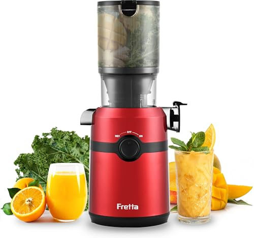 Fretta Extractor de Zumos y Verduras, Apertura de 108MM y Capacidad de 1L, Licuadora Prensado en Frio para Verduras Frutas Enteras, 200W Slow Juicer Machine, Fácil Montaje y Limpieza, Sin BPA(Rojo,1L)