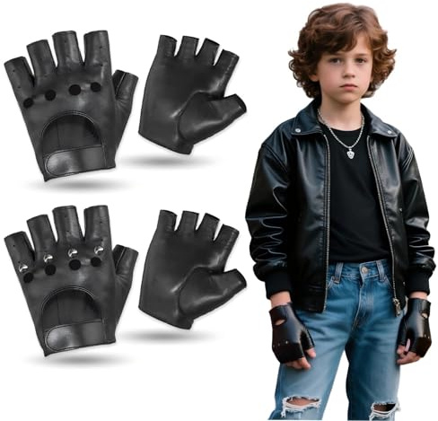 2Pairs Leather Punk Fingerless Gloves for Kids, Hollow Out Stylish Gothic Leather Studded Biker Gloves, Fancy Dress Costume Glove Cosplay Halloween Performance Accessories for Kids 8-12 Years