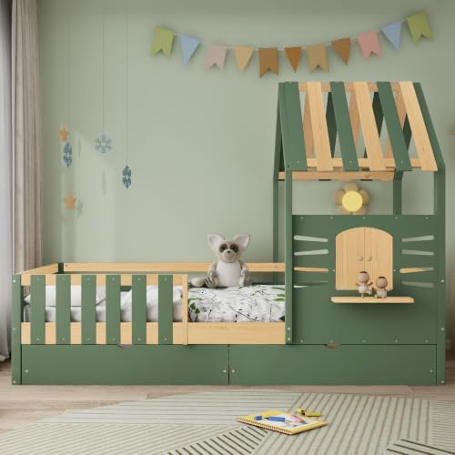 ModernLuxe 3FT Kids Bed, Charming Imitation Roof Design with a Window, Sturdy Wooden Single Bed with 2 Storage Drawers, MDF Pinewood Plywood, Perfectly Suitable for Children, Green & Natural, 90x190cm