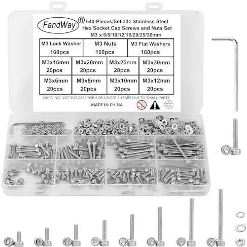 FandWay 640Pcs M3 Bolts and Nuts Set,Hex Socket Cap Machine Screws, Allen Screws 304 Stainless Steel,Allen Bolt Nut and Flat & Lock Washers Assortment Kit,Internal Hex Drive Fully Threaded With Key.