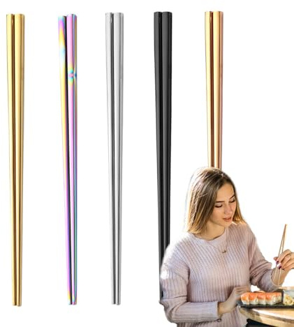 Bacchette in acciaio inox, lavabili in lavastoviglie, di lusso, 5 paia di bacchette in metallo per lavastoviglie, bacchette quadrate leggere, giapponesi, coreane, cinesi, per scrivania, cucina
