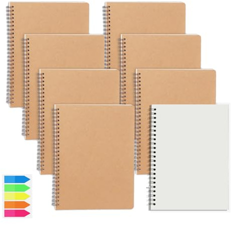 QITIXI:OU 8 Stück Notizblock A6 Blanko, Spiralblock klein, Notizbuch mit Haftnotizen, 50 Blatt/100 Seiten pro Block, Kraft Cover Block, Notizbuch abreißbar für Schule Büro Kinder Geschenk
