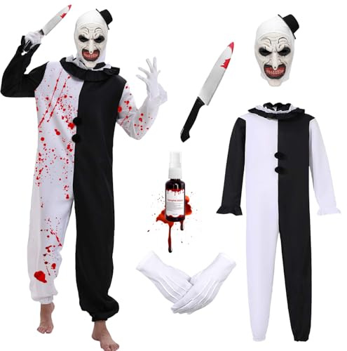 Halloween Kostüm Terrifier,Halloween Terrifier Kostüm Herren Art the Clown Jumpsuit Set mit Schwarz Weißer Overall,Handschuhe,Blutmesser und Terrifier Clown Hut Maske für Halloween,Karneval,Cosplay