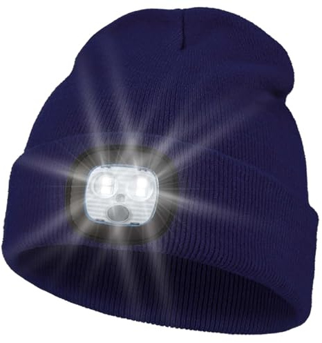Pomarks LED Beanie Mütze mit 4 LEDs, USB-aufladbar, für Damen & Herren | 4 helle LEDs sorgen für gute Sicht beim Joggen, Angeln und Gassigehen.
