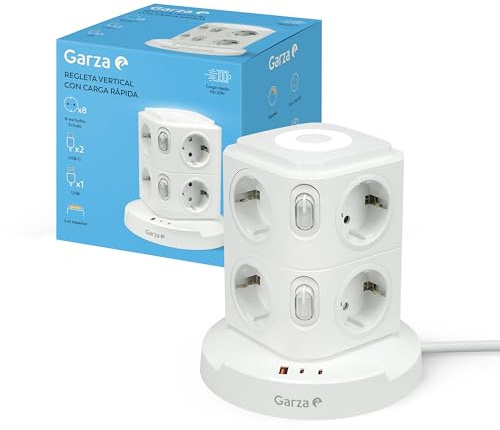 Garza - Regleta Torre 11 en 1 con 8 Enchufes Schuko, 2 USB-C PD20W y 1 USB-A, Carga Rápida, Luz Nocturna Regulable, Interruptores Individuales y Protección contra Sobrecargas y Cortocircuitos, Blanco