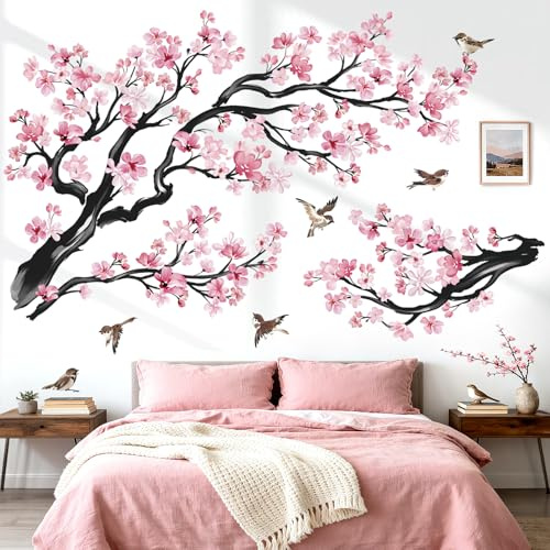 wondever Adesivi Murali Fiori di Ciliegio Rosa Grandi Sticker da Muro Ramo di Albero Floreale Uccelli Adesivi da Parete per Camera da Letto Ufficio