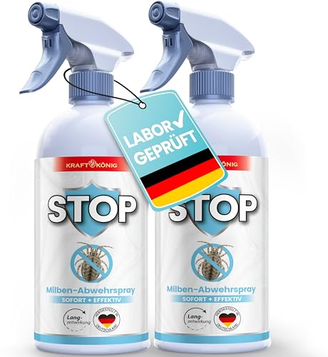 KRAFTKÖNIG Milbenspray 500 ml (2er Pack) – Hochwirksames Abwehrspray gegen Milben – Milbenspray für Matratzen, Polster & Textilien mit Langzeitschutz – Geeignet für Allergiker & Haustiere
