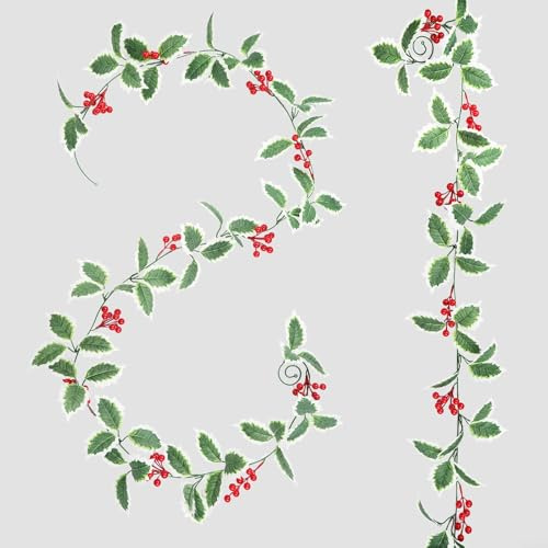 ZiStarlilife Guirnalda de acebo con bayas de 175 cm, guirnalda de Navidad artificial con bayas rojas y hojas de acebo para decoración de mesa de Navidad, puerta de chimenea (borde blanco)