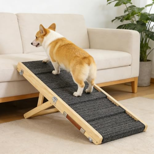 Klappbare Hunderampe aus Holz, für Bett & Sofa | 6-Stufige Höhenverstellung, 120 cm Lang, Haustier-Rampe aus Holz mit Rutschfester Matte