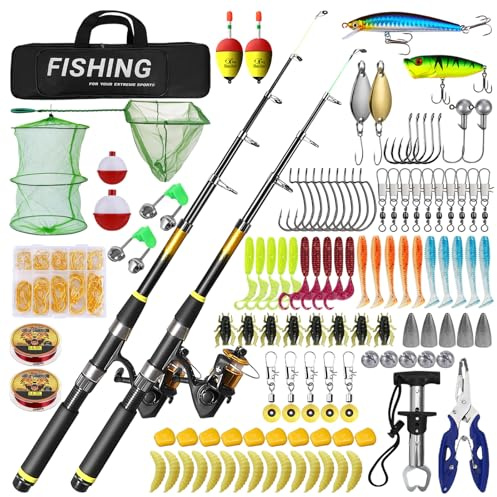 Lot de 2 cannes à pêche télescopiques avec 102 accessoires, 1,8 m/2,1 m, pliable, moulinet, appât, kit de pêche complet pour débutants avec sac de pêche pour eau salée, eau douce, voyage, pêcheur