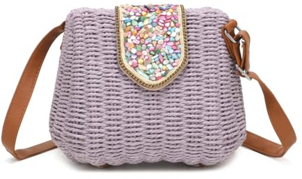 ER Direct Straw Crossbody Bag for Women with Gem Embellished Flap, Adjustable Strap, Magnetic Closure, Gold Tone Hardware, Small Summer Shoulder Bag (Lilac)