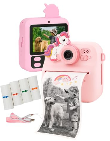 Appareil photo instantané pour enfant avec impression thermique, licorne rose, écran LED 2,4 pouces, 6 modes, comprend 4 rouleaux de papier thermique, câble USB et ruban portable