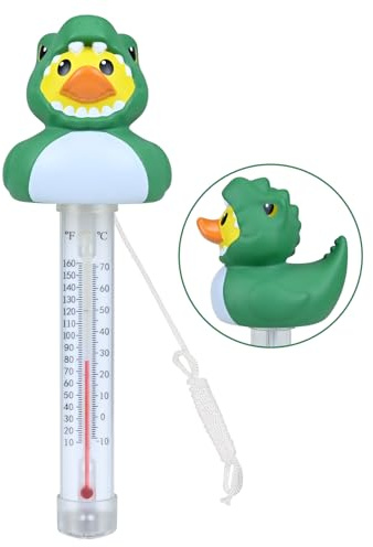 Schwimmendes Poolthermometer Dino-Ente - Bruchsicheres Wassertemperatur Thermometer mit Seil für Schwimmbad, Whirlpool, Teich, Aquarium, Babybad | Mit °C/°F Anzeige