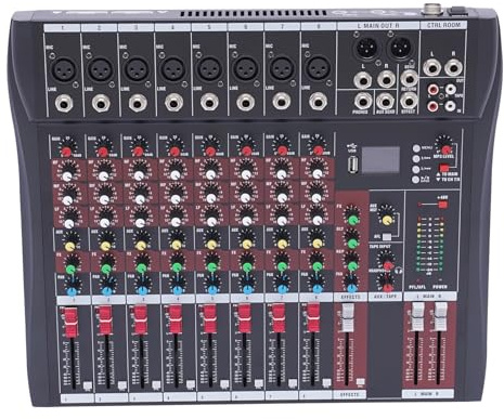 Audio Mixer 8 Channel Sound Board Console with USB Interface, MP3 Input, and 48V Phantom Power for DJ and Studio Use
