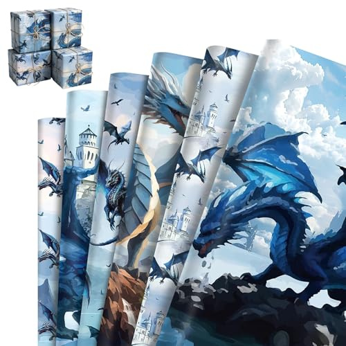 12 Blatt Drachen Dinosaurier Geschenkpapier, Fantasy Motiv Geschenkverpackung, Kreatives Bastelgeschenk für Geburtstagsparty & Deko, DIY Bastelbogen für Kinder & Erwachsene
