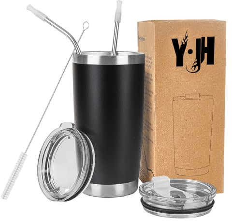 Y·J&H 20oz (550ml) Doppelwandig Vakuum Isolierter Autobecher, Edelstahl Reiseflasche, Thermobecher Kaffee to Go mit 2 Spritzfestem Deckel 2 Strohhalm, Rohrbürste,BPA Free - Schwarz