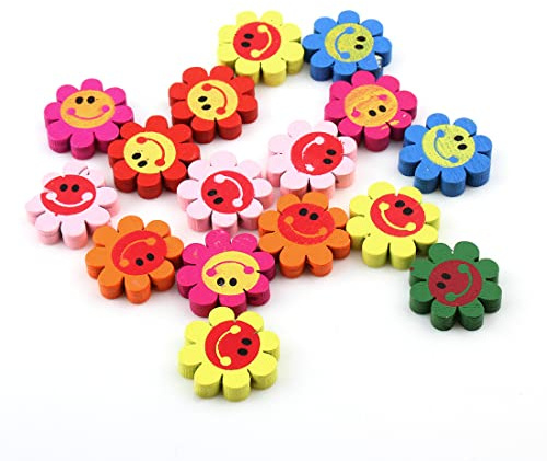 Perlin Set di 20 perline in legno da infilare, colorate per braccialetti fai da te, gioielli, collane, colori misti (fiore con faccina sorridente, 22 mm)