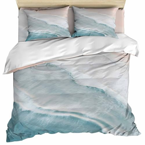California King Duvet Cover Set - Summer Beach 4 Pcs Comforter Cover Set, Aqua Sea Waves Coastal Bedding Sets with Zipper Closure, Ocean Nautical Microfiber Bed Sheet Soft Quilt Cover 2 Pillow Shams