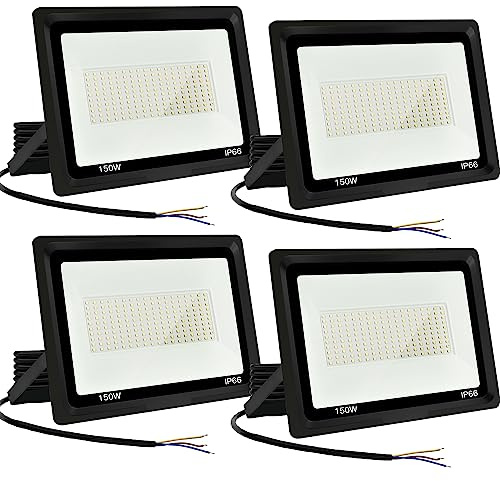 4PCS-Focos LED Exterior 150W Proyector LED Exterior 15000LM IP66 Impermeable Foco Proyector LED 6000K Blanco Frío Floodlight para Casa, Garaje, Patio, Terraza, Campo
