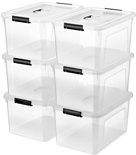 JUJIAJIA 19 Quart Plastic Storage Bins with Lids, 6-Pack Stackable Clear Storage Organizing Box with Handle