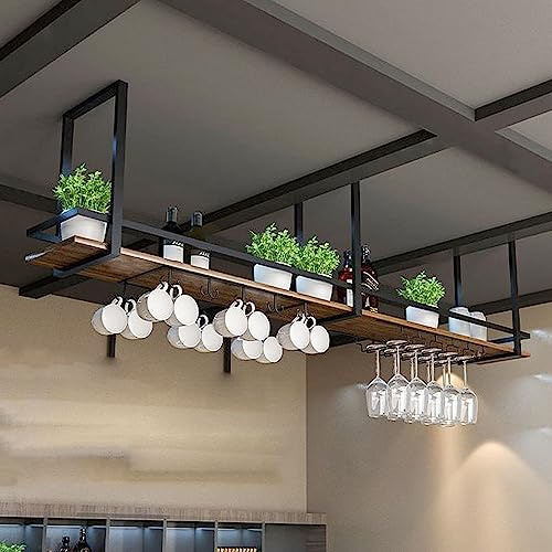 PAUANI Deckenregal - Decke Hängende Flaschenregal, Küchenregal Zum Aufhängen, An Der Wand Befestigter Weinglashalter Aus Massivem Holz Mit Leitplanken, Für Küche/LOFT/Bar (Size : 140X30X50CM)