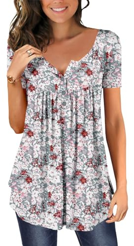 CHICZONE Ladies Tops Henley Shirt V Neck for Women Casual Flower Buttons Up Shirts Loose Fit
