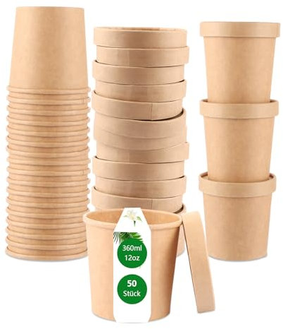 ZOFUN 50 vasos de papel kraft de cartón marrón, 360 ml, cuencos de sopa desechables para llevar con tapa, marrón, para ensalada, helado, sopa, café