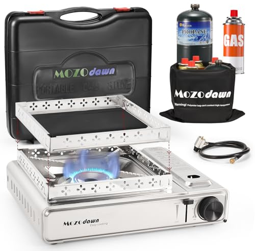 MOZODAWN Dual Fuel Camp Stove with Butane and Propane Compatibility, 10500 BTU Portable Camping Stove with Carrying Case, Storage Bag, Adapter Hose, Wind Guard, Outdoor Camping Essentials