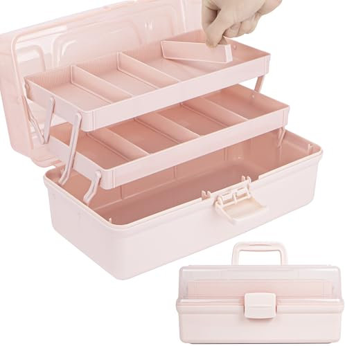 Creahaus 37cm 3-Regal Mehrzweck-Aufbewahrungsbox, Sortierbox, Organizer Box, Bastelbox, Nähkasten, Medizinkoffer, Toolbox, Angelkoffer mit 2 Regalen (Rosa, 14XL)