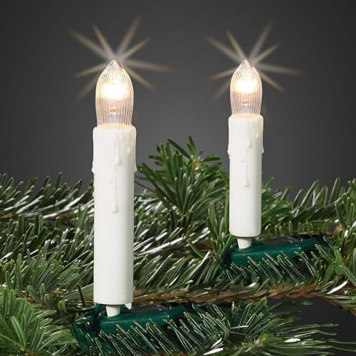 hellum Lichterkette Kerzen innen, 30 Lichter, Wachstropfen weiß, Stecker | Tannenbaum Lichterkette warmweiß mit Clip, beleuchtet 11,60m, Kabel grün, Christbaumkerzen innen <59lm 614039