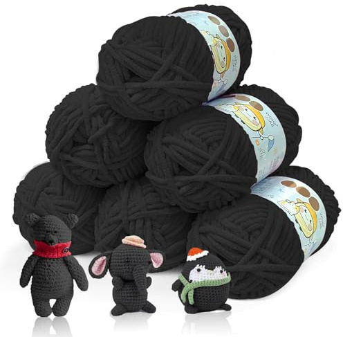 BOUFEIDA Chenille Chunky Wolle zum Häkeln Dickes Garn, 6 Rolle 50g Dicke Wolle zum Stricken, Velvety Baby Wool, Chenille Garn für Hüte, Schals, Socken, Tasche (Schwarz)