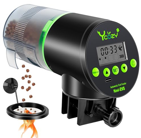 Ycozy Comedero automático para Acuario, Fuente de alimentación con Cable Tipo C, dispensador automático para Peces, para Vacaciones, Pescado, Betta/Tortugas, contenedor a Prueba de Humedad con