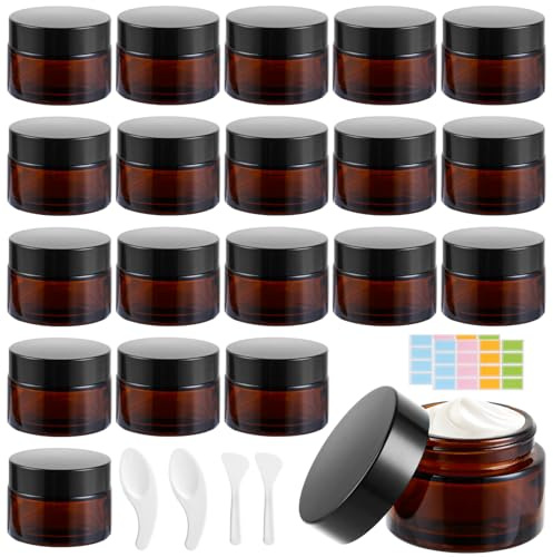 LOPYXBR 20 stycken krämburkar för fyllning 30 ml, krämbehållare brun, glasstämplar 30 ml med lock för kräm, gräddburk med lock och foder för kosmetika, lotioner, krämer