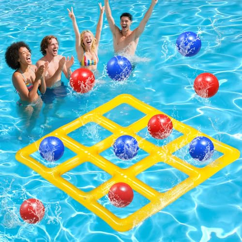 TOPRUNYI Aufblasbares Wasserspielzeug,Tic Tac Toe Pool Spielzeug mit 10 Aufblasbarer Ball,9-Kästchen-Gitter-Wasserspielzeug,Poolspielzeug ab 5 Jahre,Wasserspiele Pool für Kinder und Erwachsene(Gelb)