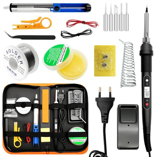 100W Lötkolben-Set – LCD-Temperaturregelung von 180°-520°C, 16-in-1 Lötkolben Lötset mit 50g Lötzinn, 5 Lötspitzen, Entlötpumpe, Lötständer, Zange – Ideal für Elektroinstallationen, Elektronikreparat