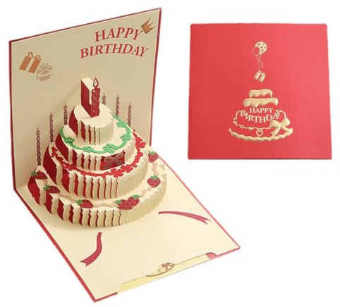 1 Pcs Carta Pop - Up 3D Compleanni,Rossa,in Carta Speciale con Design a Torta Solido Manuale