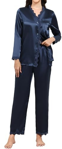 TeJoyce Pijama Mujer Largo Seda Invierno, Dos Piezas Raso Ropa de Dormir, Conjunto Satén Camiseta Encaje Manga Larga con Botones Abierto y Pantalón, Elegante y Suave Casa (Azul Marino, XXL)