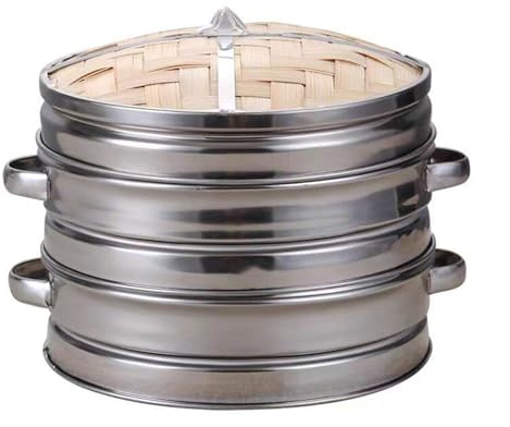 Set per cottura a vapore, cestello in acciaio inox con coperchio e vaporiera in bambù, per uso domestico e commerciale, per cucinare in modo sano