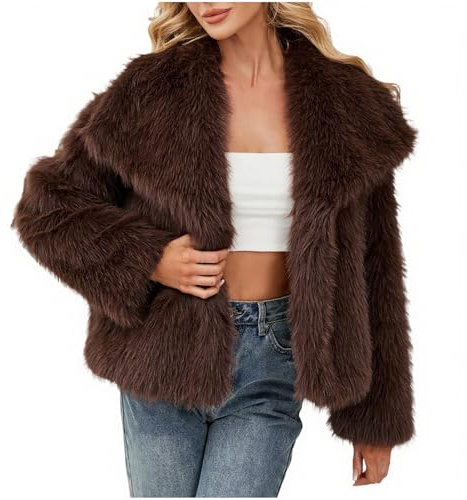 Manteau en fausse fourrure pour femme - Veste d'hiver chaude en peluche - Haut à manches longues de couleur unie - Cardigan ouvert sur le devant - Manteau d'extérieur élégant - Coupe-vent épais