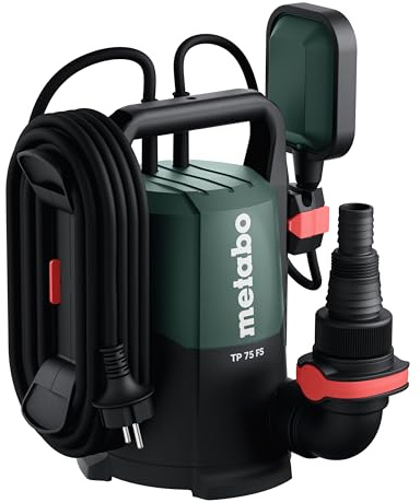 metabo TP 75 SF Klarwasser-Tauchpumpe, 7500 l/h, flachabsaugend bis 1 mm | 280 W, 6 m Förderhöhe, inkl. Rückschlagklappe, Multiadapter, 10 m Kabel, ideal zum Auspumpen und Umwälzen von Kellern