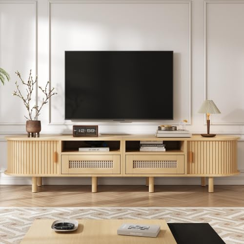 Merax Meuble TV 170 x 40 x 40 cm – Meuble bas ovale avec portes coulissantes en rotin, 2 tiroirs, meuble TV de salon, meuble TV et meuble de salon en couleur bois