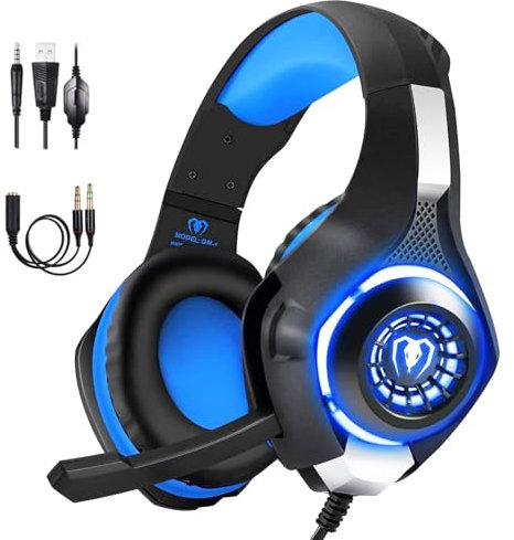 BlueFire Cuffie Gaming per Xbox one, Cuffie da Gioco con 3.5mm Jack LED e Microfono Insonorizzato,Bass Stereo Audio Surround Cuffie da Gaming per PS4/Xbox One S/PC/Laptop(Blu)